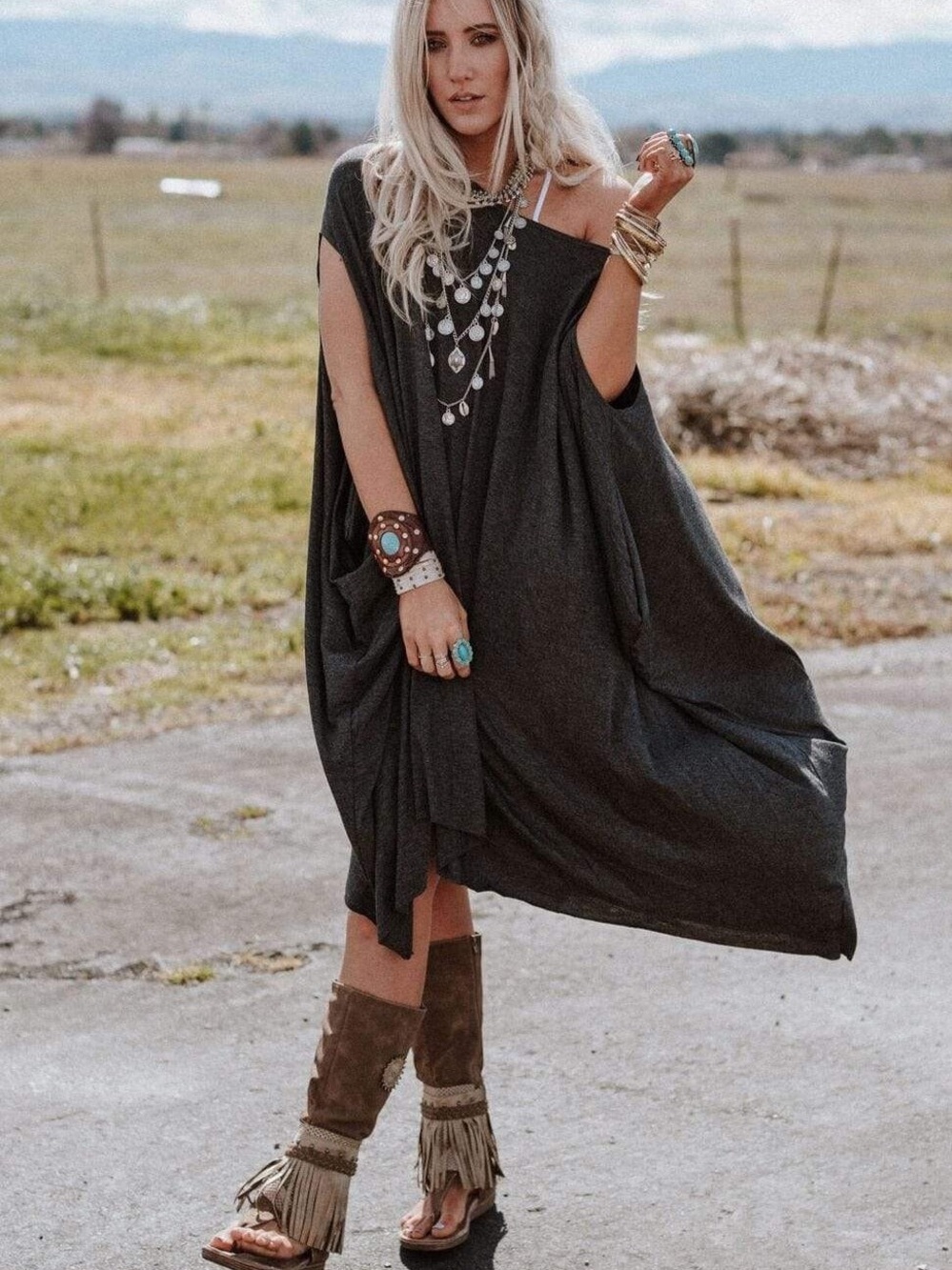 Three Bird Nest Wren Tunic Boho Oversized Swing Top Charcoal One Size Fits Most - Picture 2 of 11
